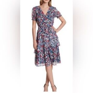 Tahari Navy Vneck short sleeve Tiered Multicolored Surplice Dress size 6
